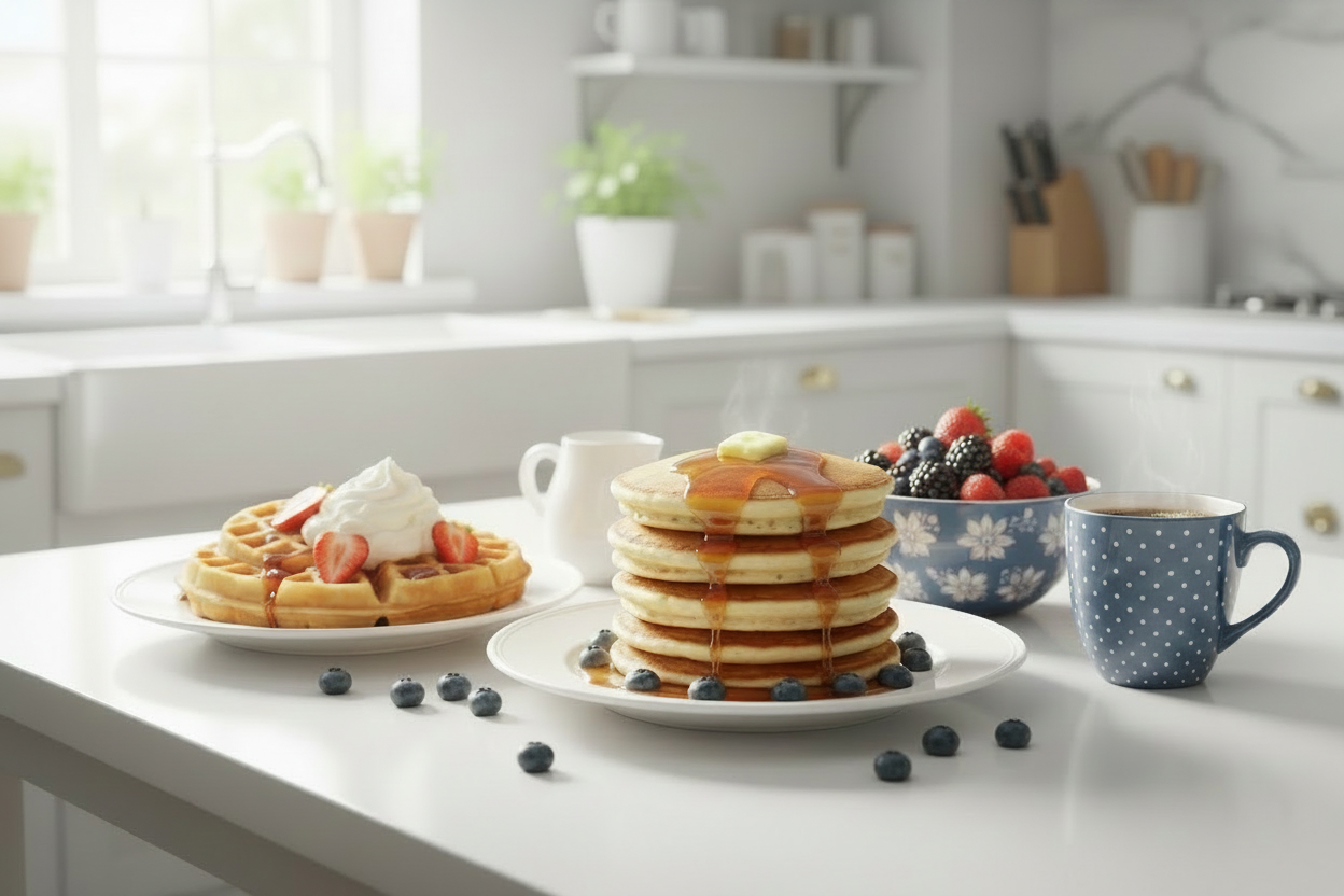 Stack of pancakes with syrup, waffles with strawberries, and a cup of coffee on a white island in a kitchen.